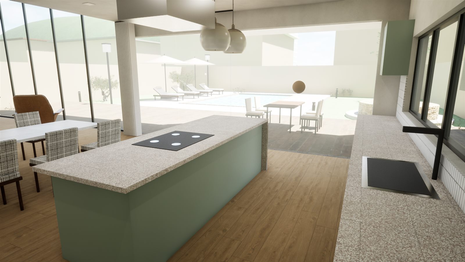 Cozinha com ilha, cooktop e vista para a piscina