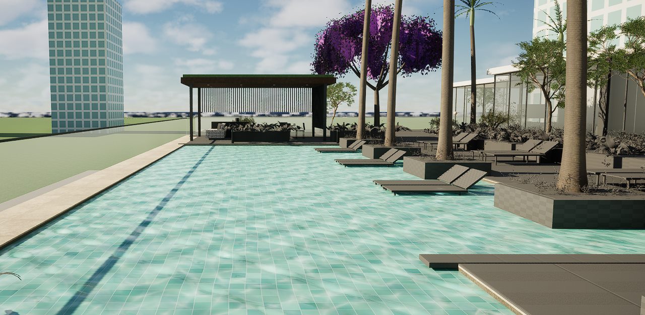 Piscina panorâmica com palmeiras, espreguiçadeiras dentro da água e pergolado ao fundo