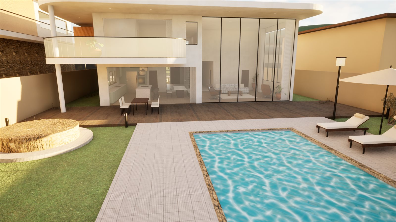 Fundos da Casa Aurora com deck de madeira, piscina, espreguiçadeiras e spa