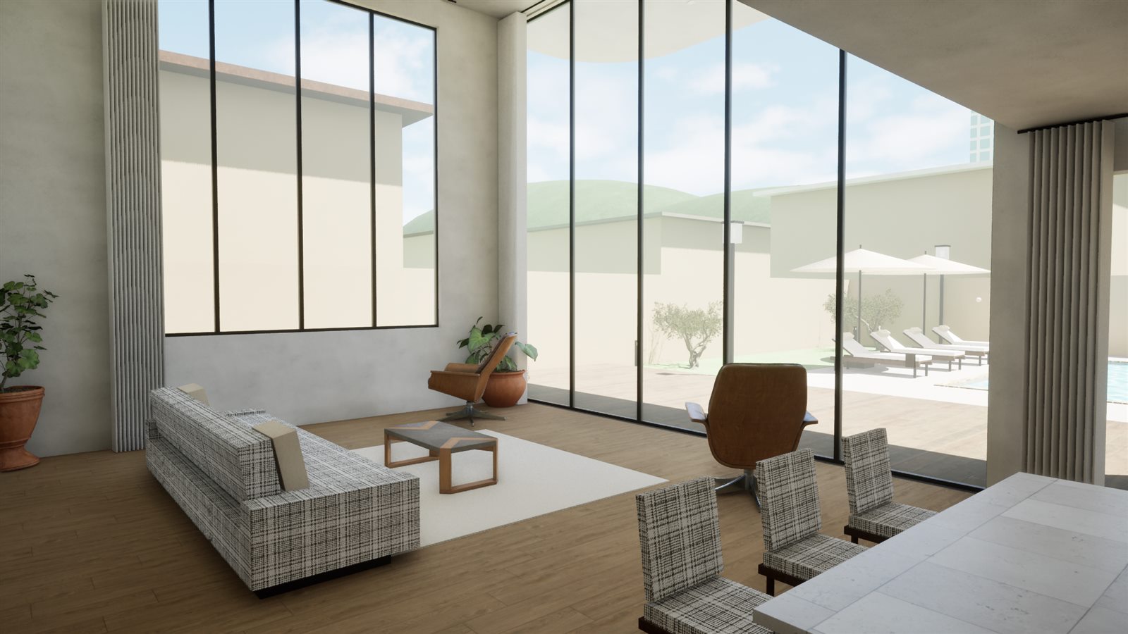 Sala mobiliada com pé-direito duplo e pano de vidro para a piscina