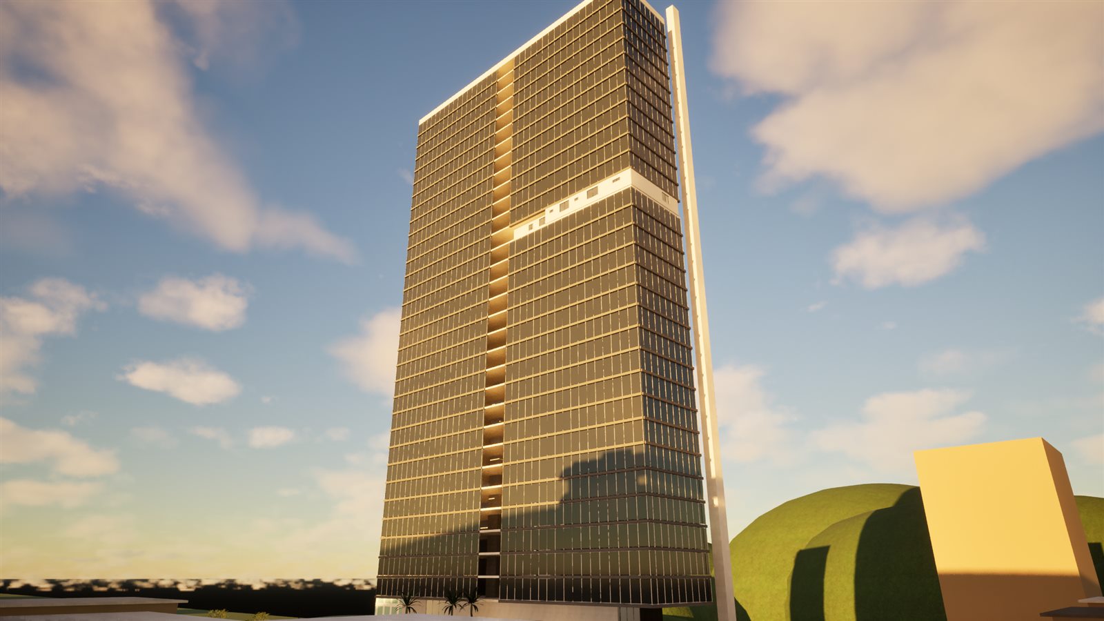 Torre residencial de vidro no fim da tarde, com o sol refletido na fachada